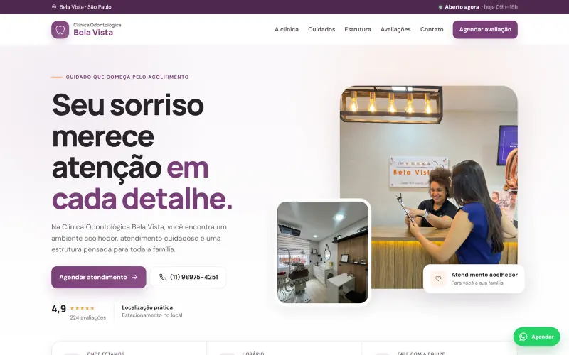 Página inicial do site Clínica Bela Vista, odontologia de bairro