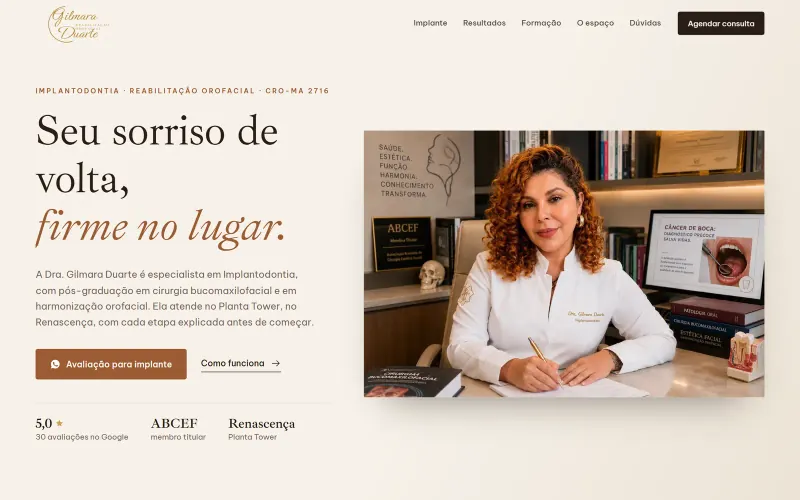 Página inicial do site Dra. Gilmara Duarte, implante e reabilitação orofacial