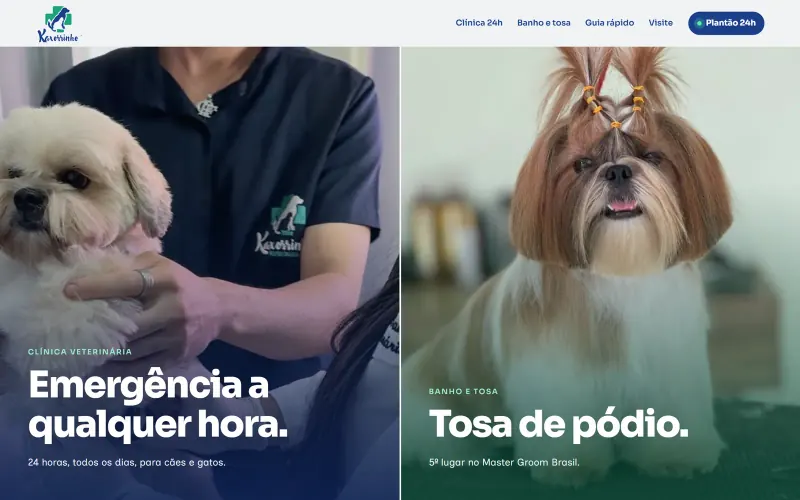 Página inicial do site Kaxorrinho 24h, clínica veterinária 24h e banho e tosa