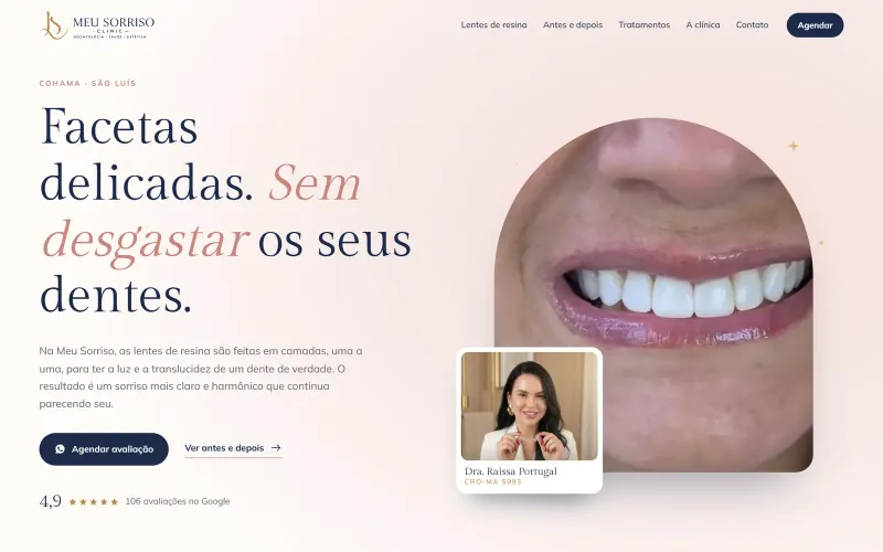 Página inicial do site Meu Sorriso Clinic, odontologia estética