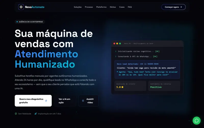Página inicial do site NexaAutomate, agentes de IA e automação