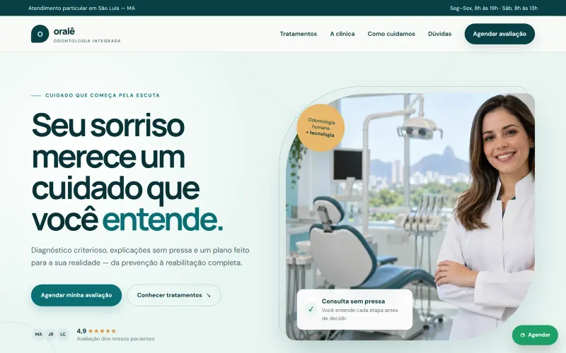Página inicial do site Oralê, odontologia integrada
