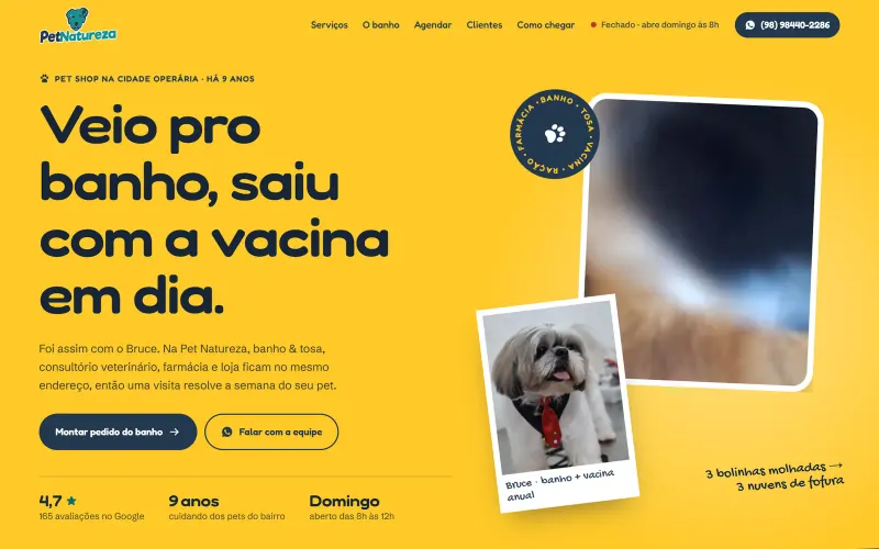 Página inicial do site Pet Natureza, pet shop e veterinário