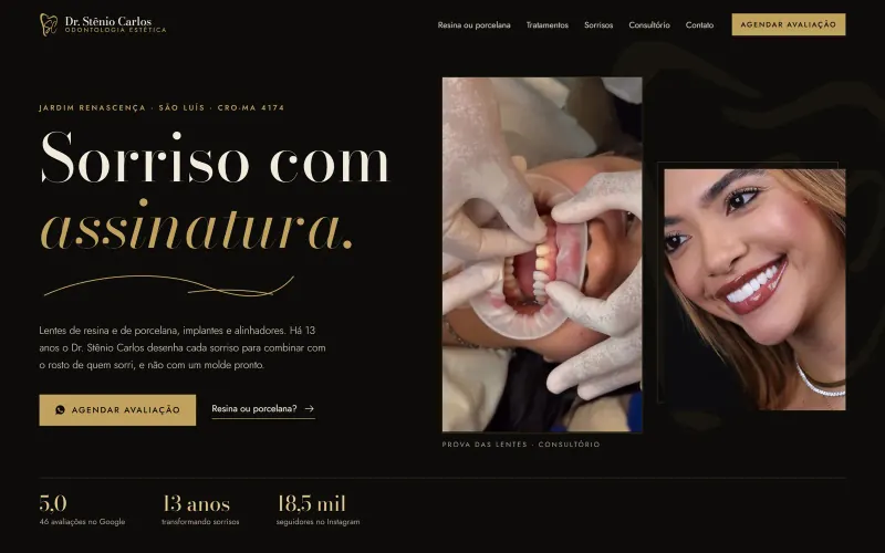 Página inicial do site Dr. Stênio Carlos, lentes de contato dental