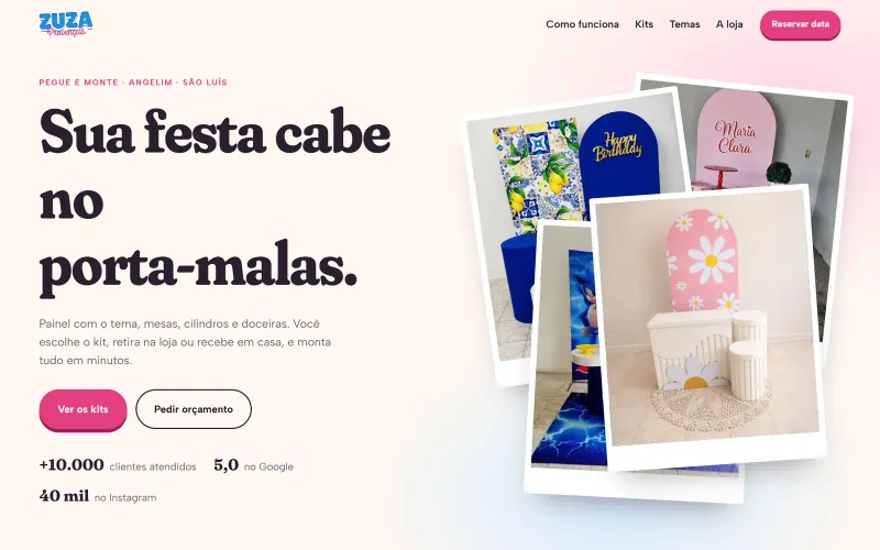 Página inicial do site Zuza Provençais, kits pegue e monte para festas